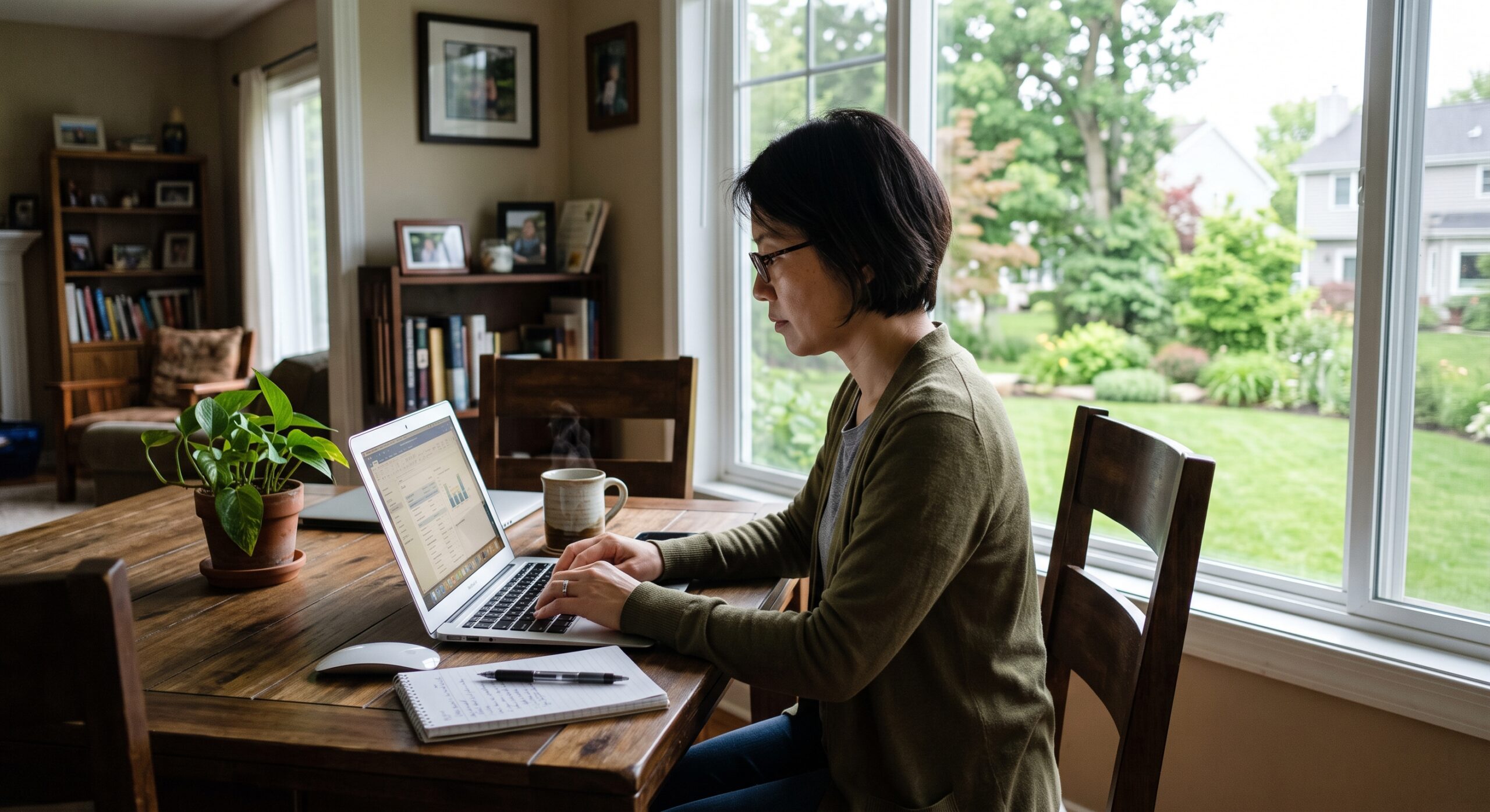 アメリカの自宅のダイニングでノートパソコンを開き、オンラインで仕事をしている日本人女性