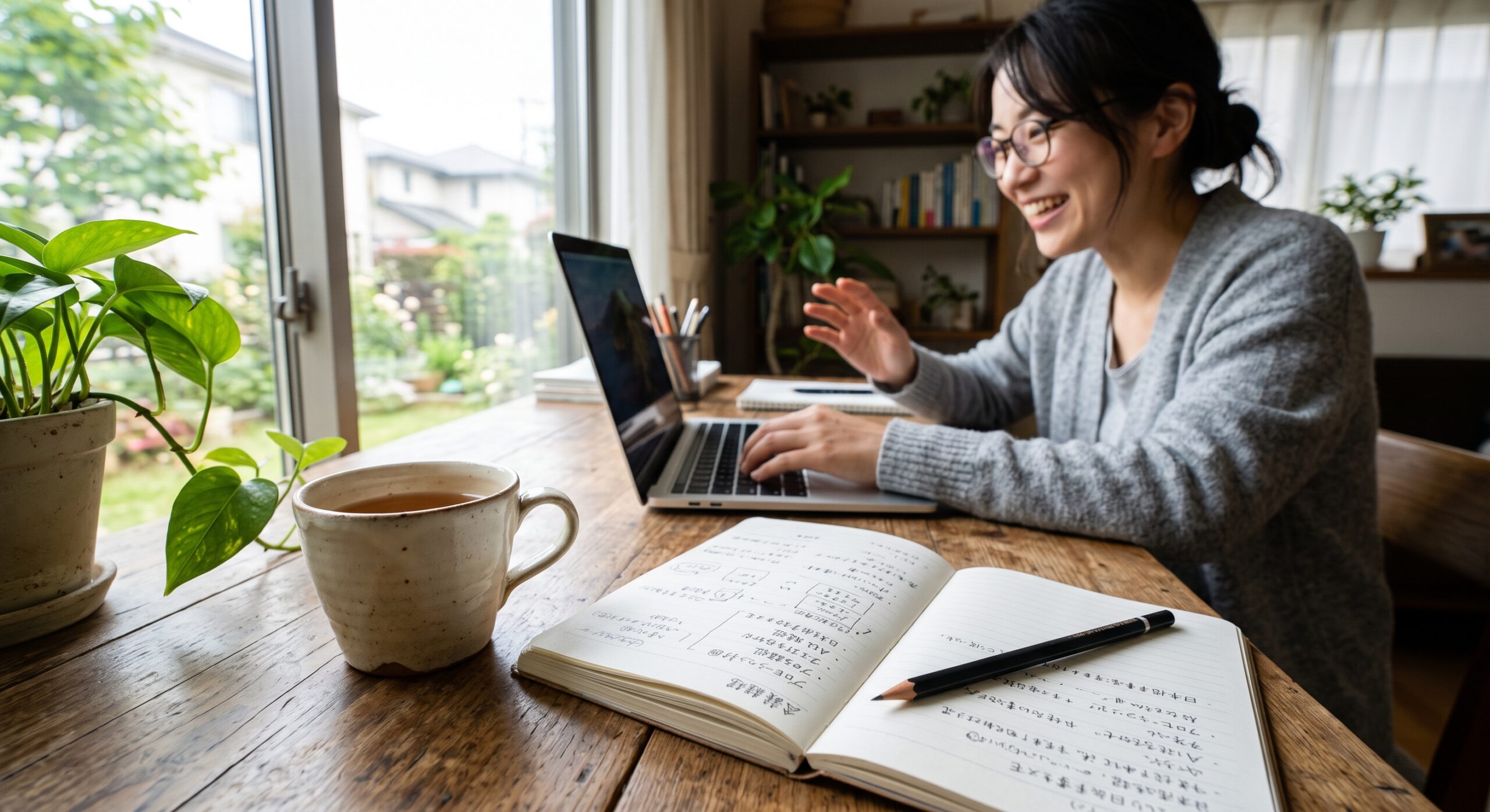 オンライン授業の画面に向かって笑顔で話しかけている日本人女性の講師と、机の上のノートと教材