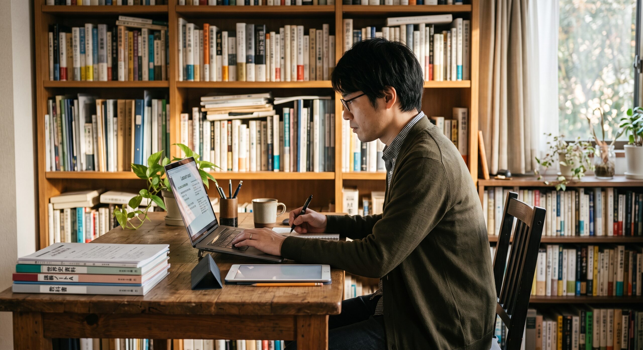 自宅の書斎の机でノートパソコンとタブレット、資料を並べてオンライン指導の準備をしている日本人男性の講師