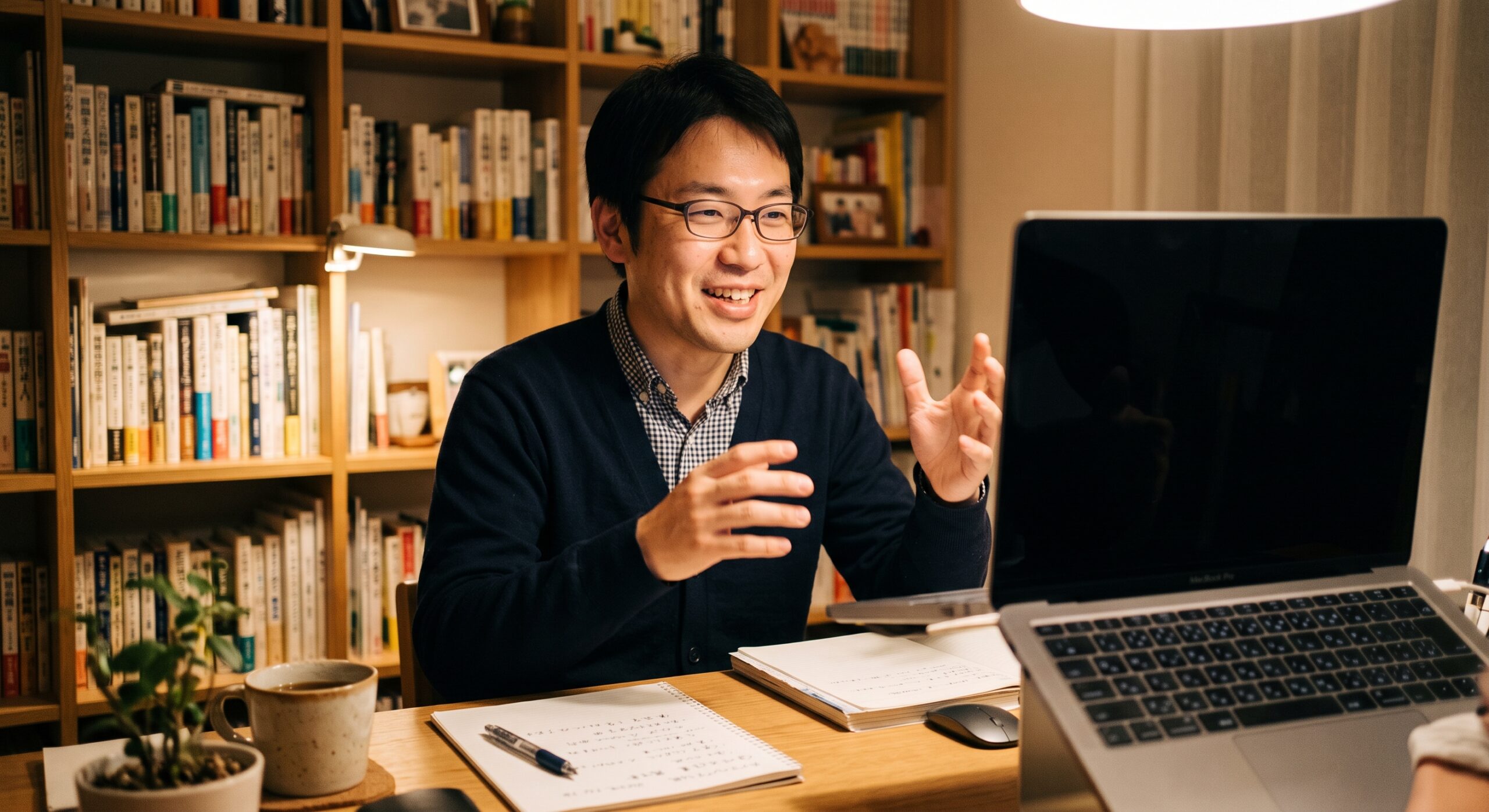 オンライン画面の向こうの子どもたちに向けて身ぶりを交えて話しかけている日本人の先生
