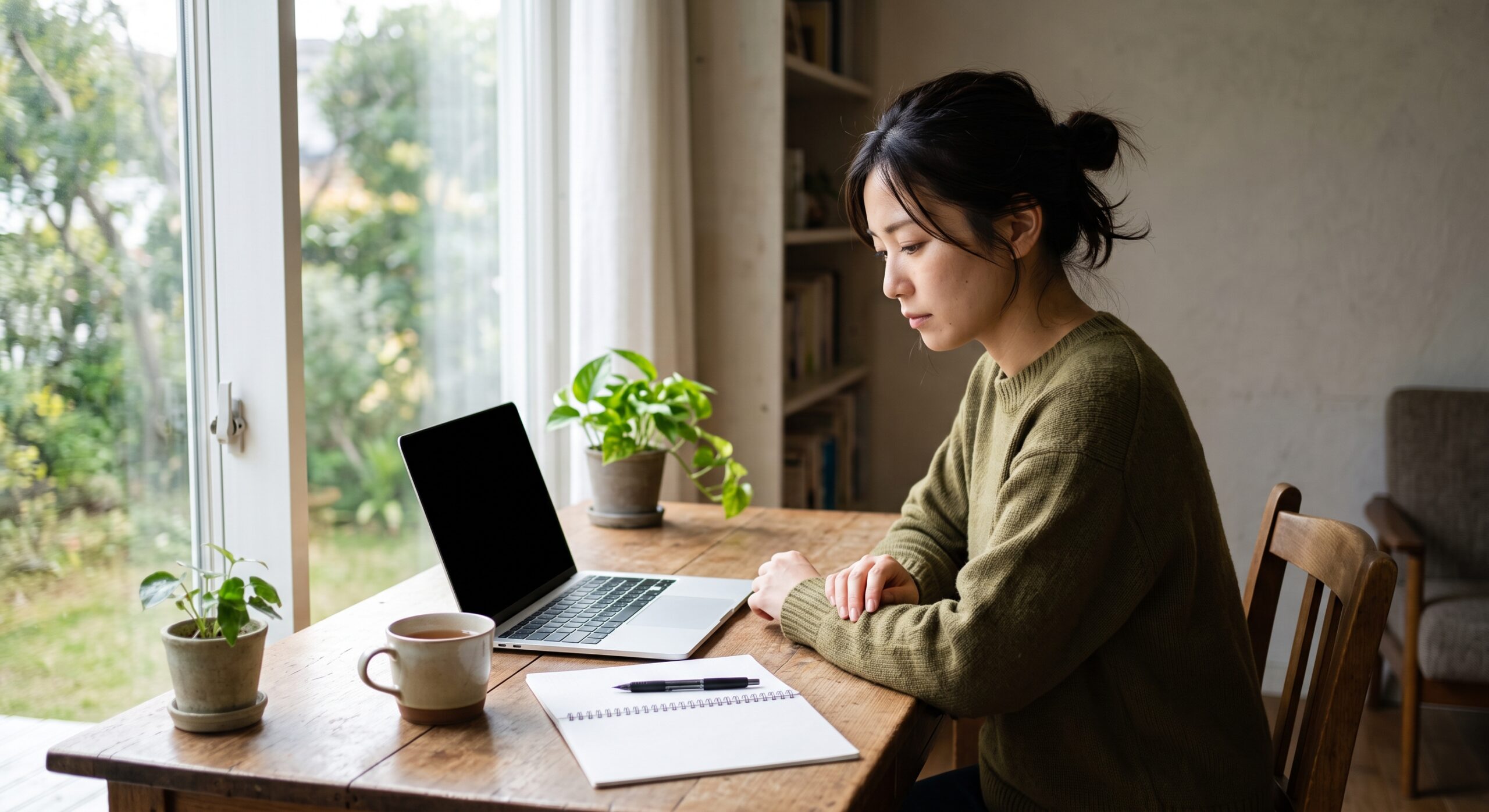 ノートパソコンを前に少し肩を落として座っている日本人女性と、窓から差す朝の光