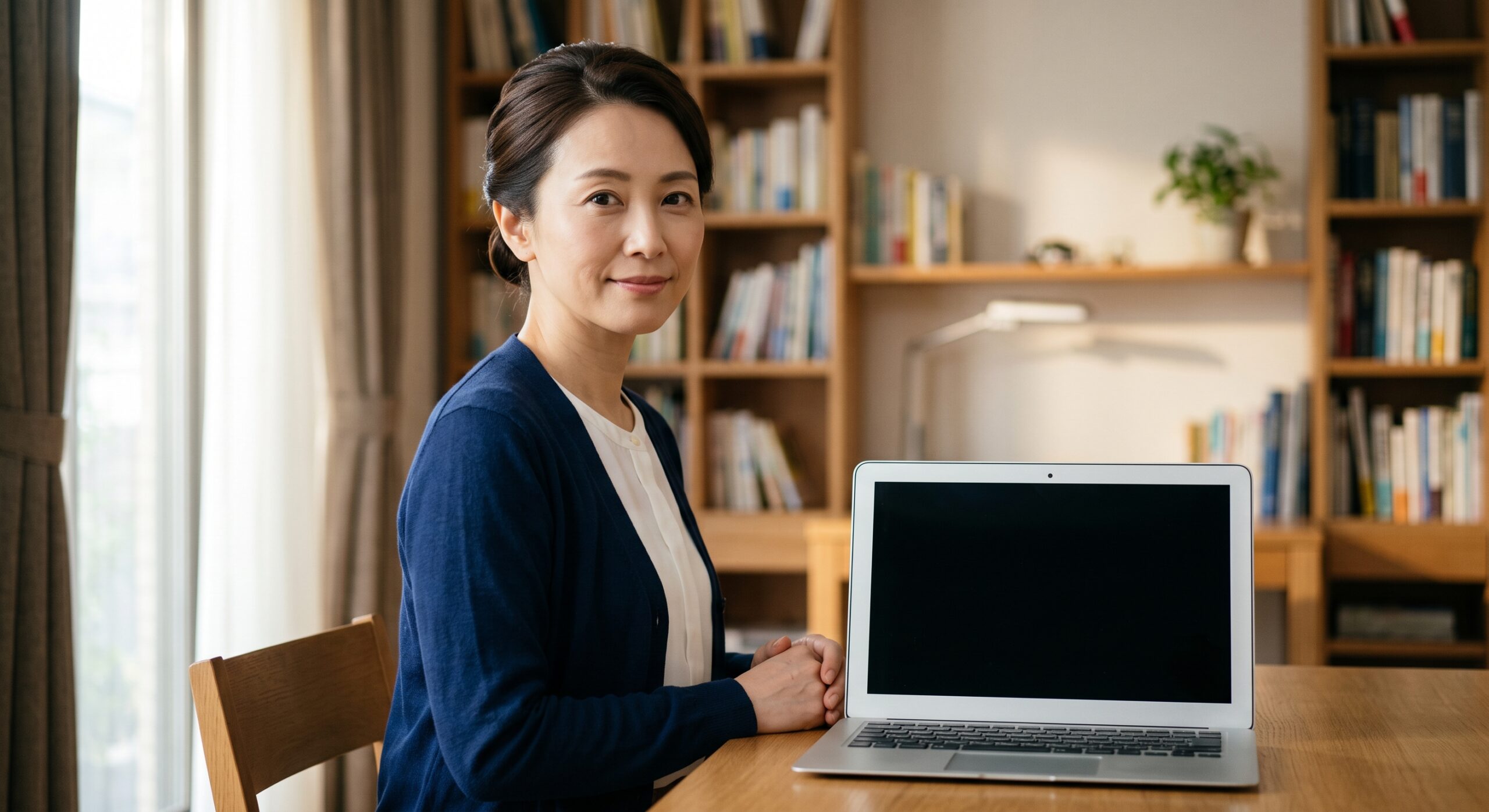 ノートパソコンの画面に向かって、相手の反応を待ちながら静かに微笑んでいる日本人女性の講師
