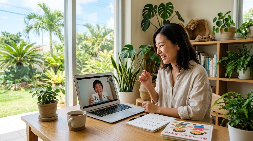 ノートパソコンの画面越しに子どもと笑顔でオンライン日本語授業をする女性