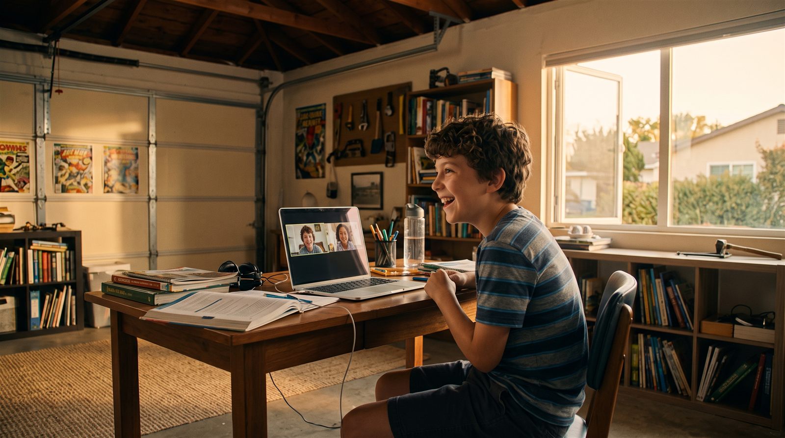 A child in San Diego laughing during an online group video call with friends in Japan on a Friday evening