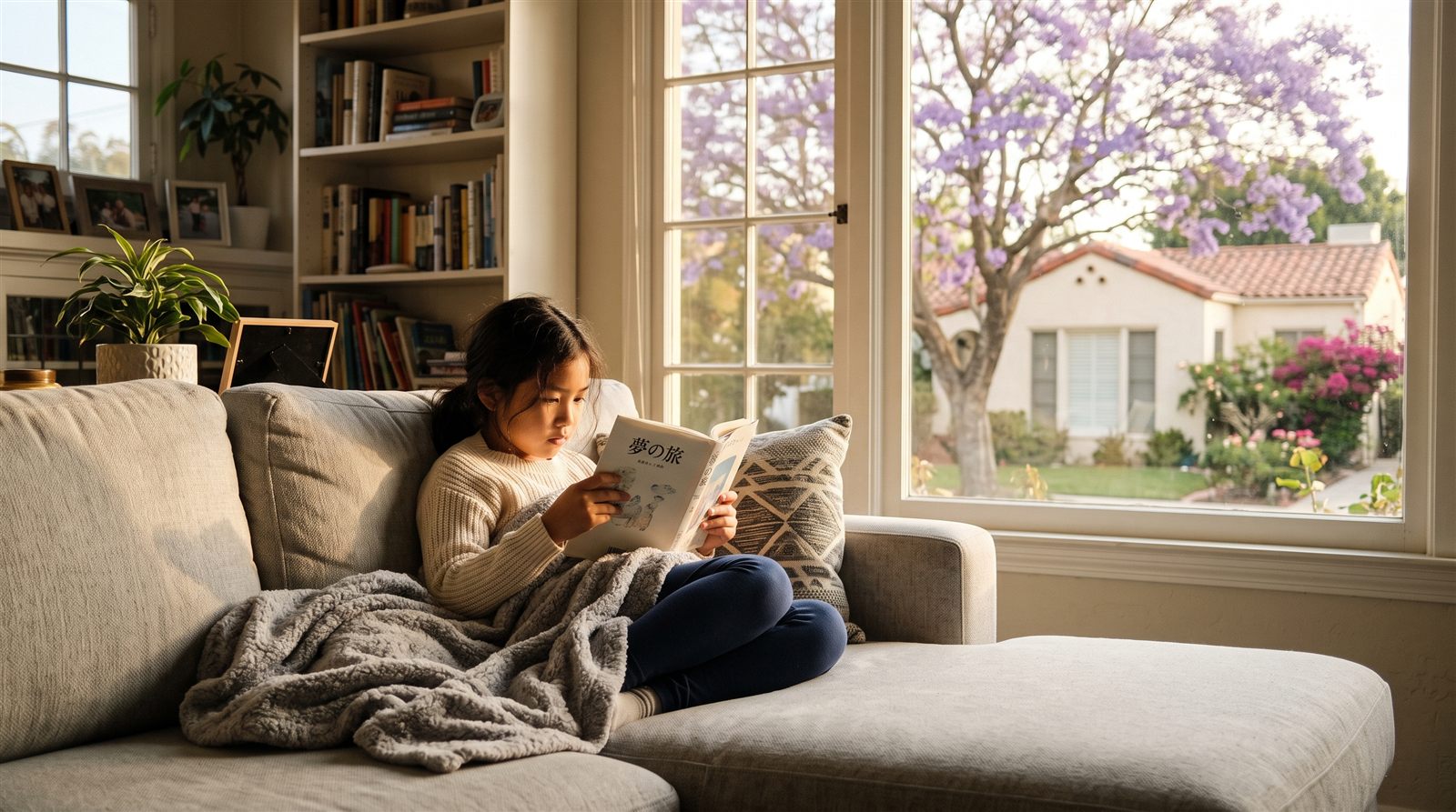 A child in San Diego reading a Japanese book at home on a Friday evening