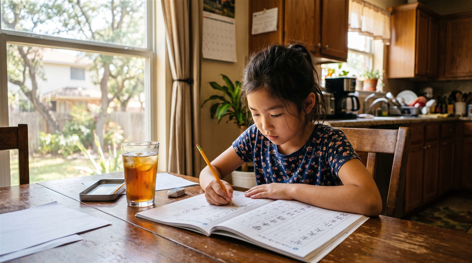 A child in San Antonio doing Japanese homework at the kitchen table on a Saturday afternoon