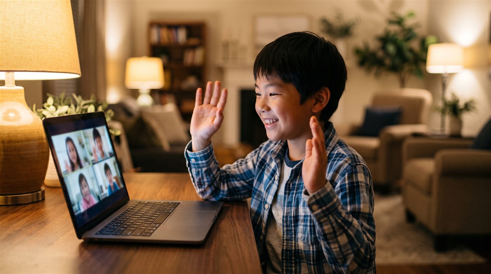 A child in Texas joining an online Japanese class with friends in Japan on a Friday evening