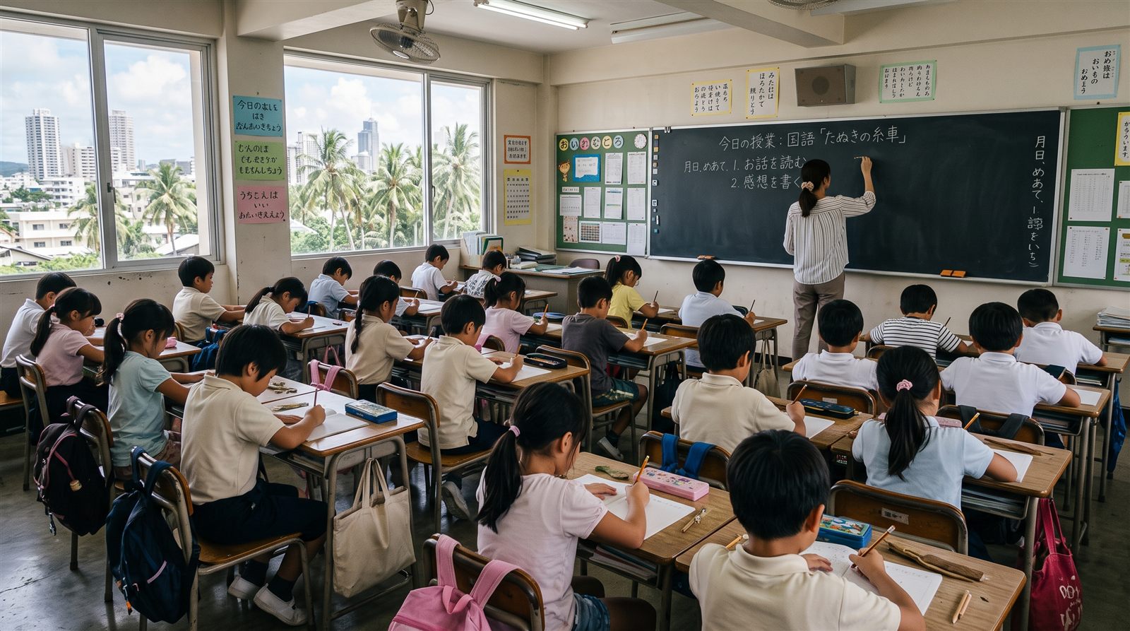 海外の日本人学校の教室で、20人ほどの小学生が机に向かって国語のノートを書いている後方からの風景