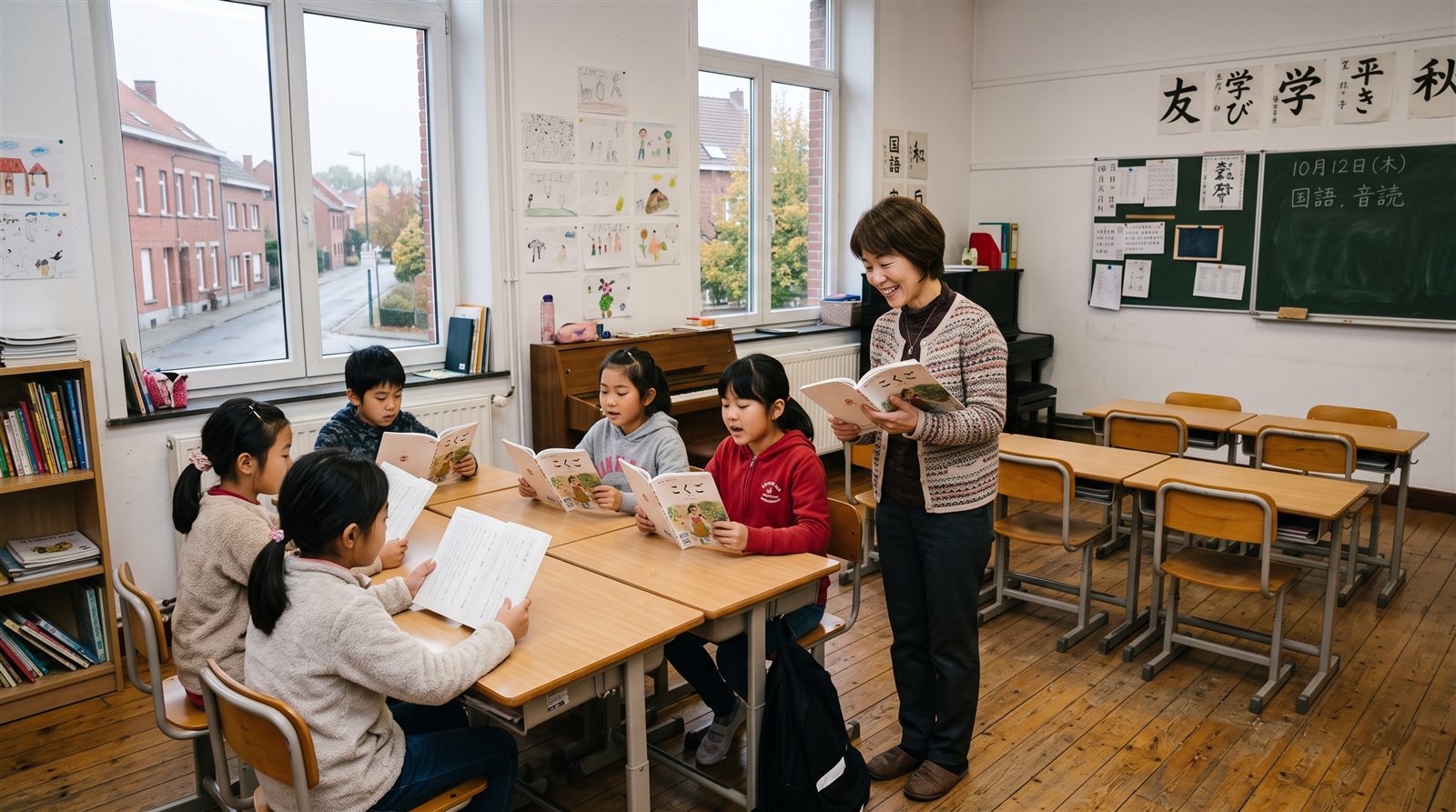 ヨーロッパの小さな日本人学校の教室で、5人の児童が机を寄せて先生と国語の教科書を音読している様子
