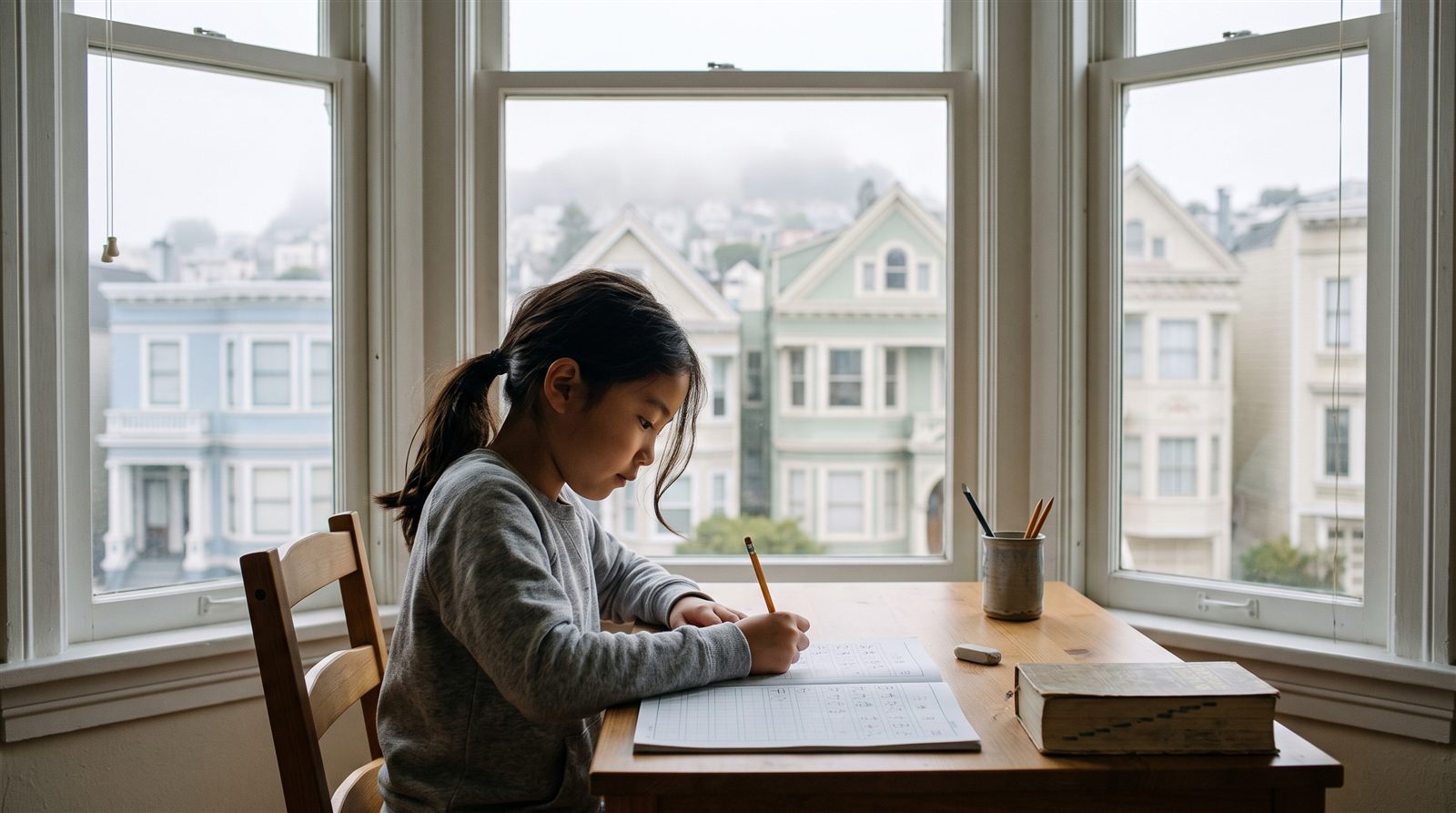 A Japanese-American child in San Francisco writing hiragana at a Saturday school desk