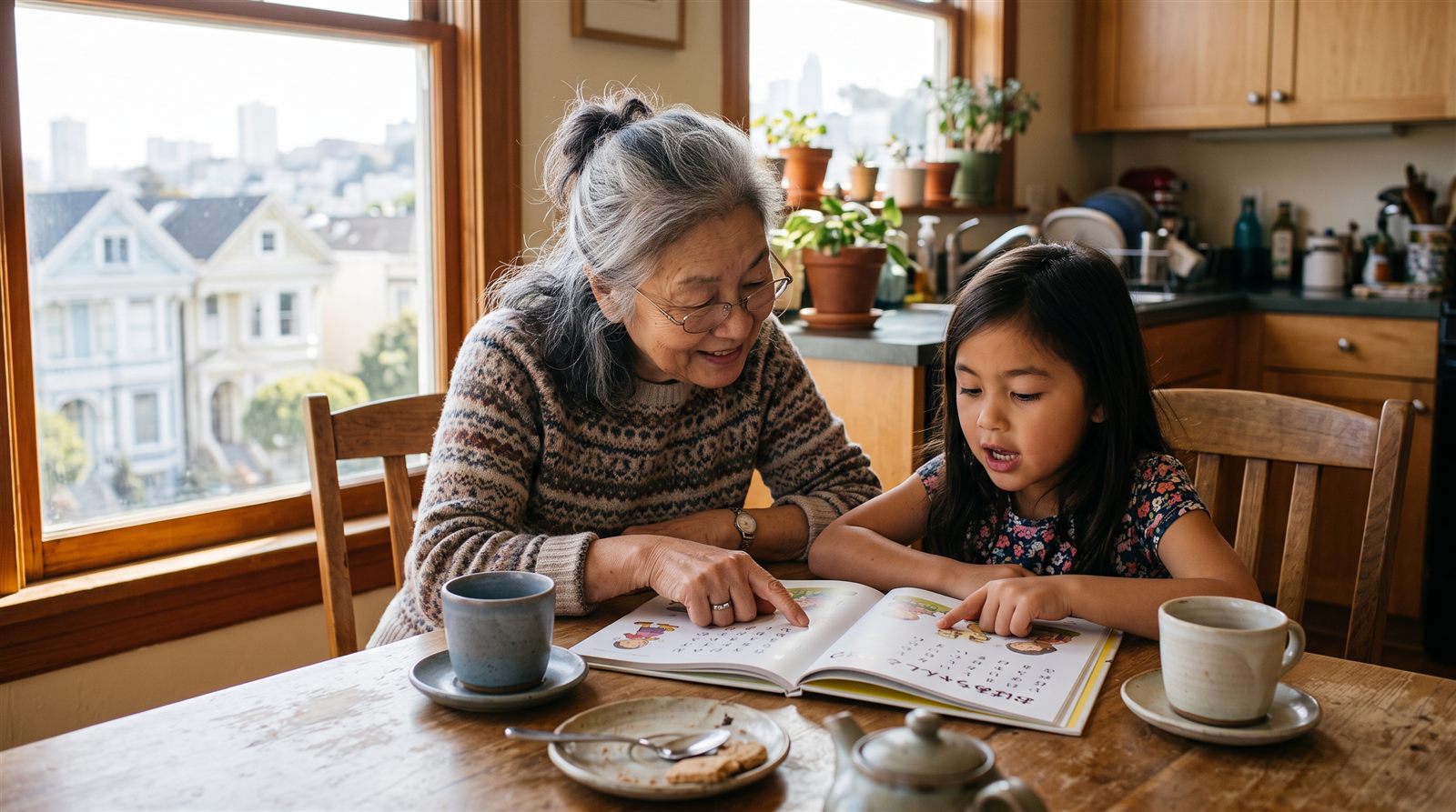 A San Francisco family at the kitchen table during an evening online Japanese lesson
