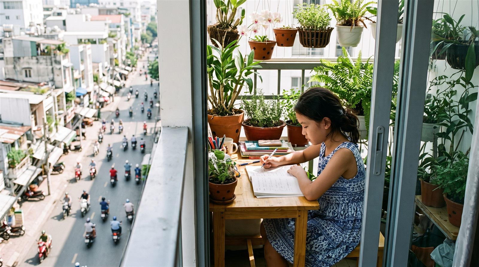 A child in Ho Chi Minh City reading a Japanese textbook at home in the early evening