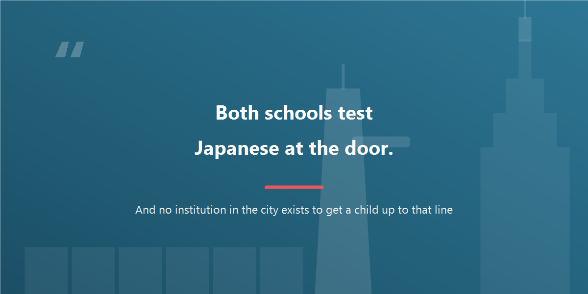 Quote graphic: both of the city's Japanese-medium schools test Japanese at the door