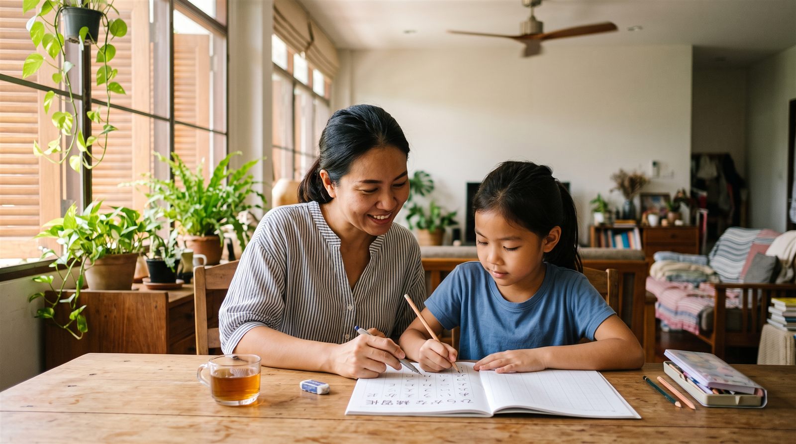 ครอบครัวไทย-ญี่ปุ่นในศรีราชากำลังคุยกันเรื่องที่เรียนภาษาญี่ปุ่นของลูก