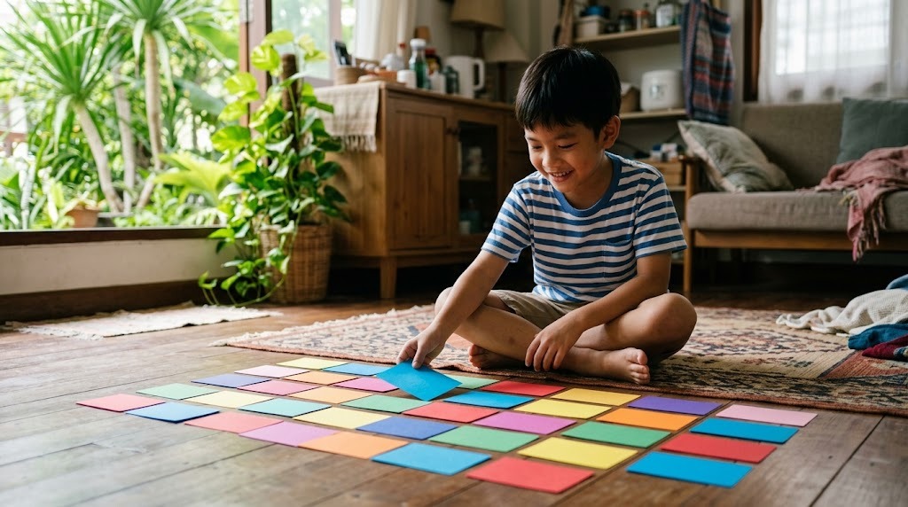 เด็กชายไทยนั่งเล่นบัตรคำสีสันสดใสบนพื้นห้องที่บ้านในตอนกลางวัน