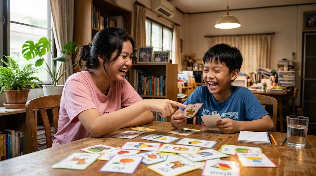 พี่สาวและน้องชายชาวไทยหัวเราะขณะเล่นเกมคำศัพท์ด้วยบัตรภาพที่โต๊ะในบ้าน