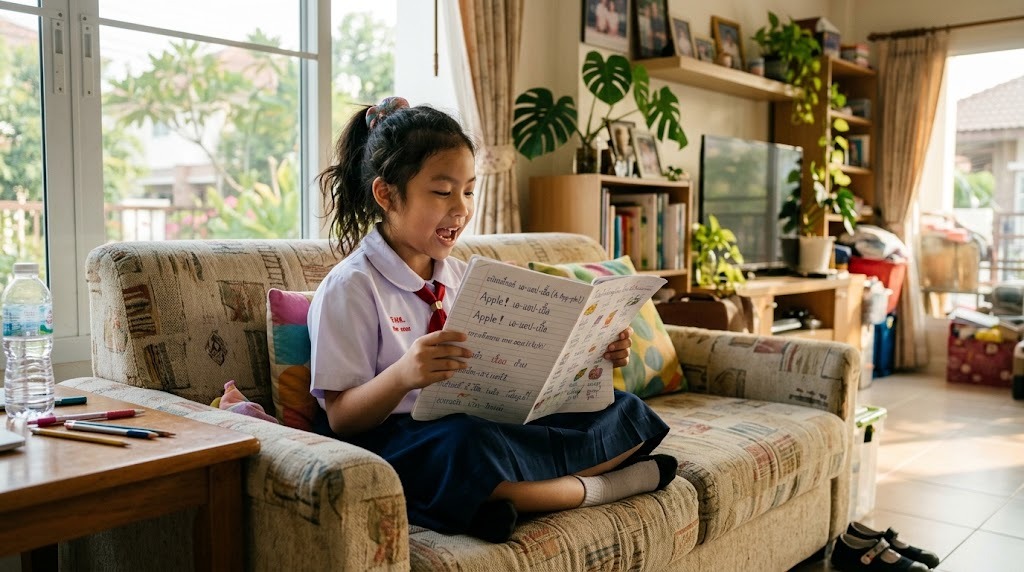 เด็กไทยในชุดนักเรียนนั่งฝึกพูดภาษาญี่ปุ่นออกเสียงพร้อมสมุดในห้องนั่งเล่น