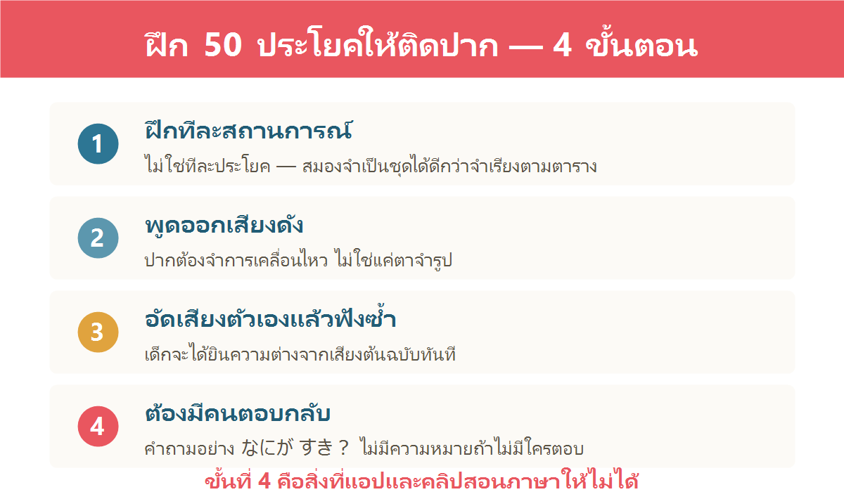 แผนภาพวิธีฝึกประโยคภาษาญี่ปุ่น 4 ขั้นตอนสำหรับเด็กโดยเน้นการมีคนตอบกลับ