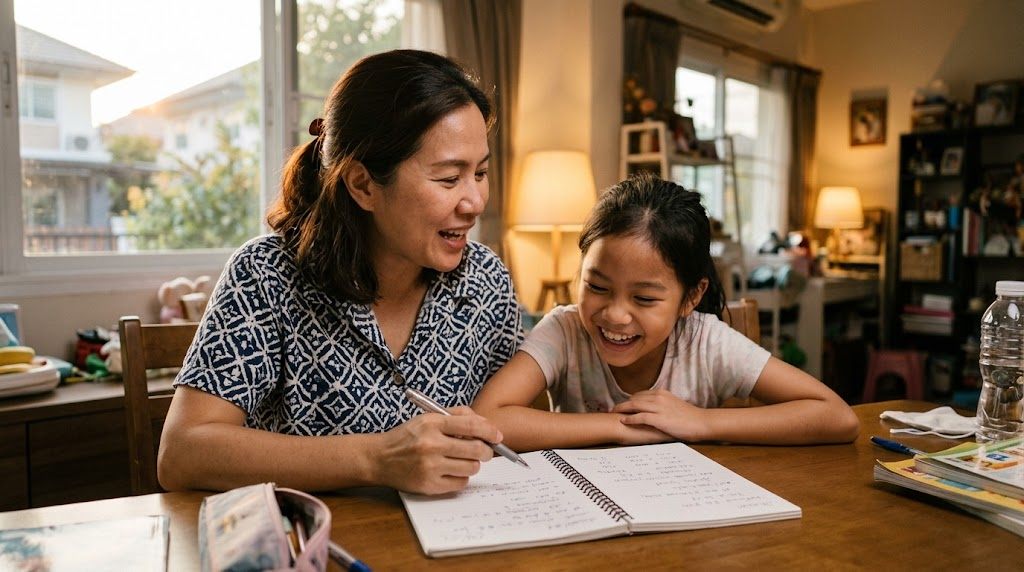 แม่ชาวไทยและลูกสาวนั่งดูสมุดด้วยกันที่บ้านและยิ้มขณะดูชื่อที่เขียนเป็นภาษาญี่ปุ่น