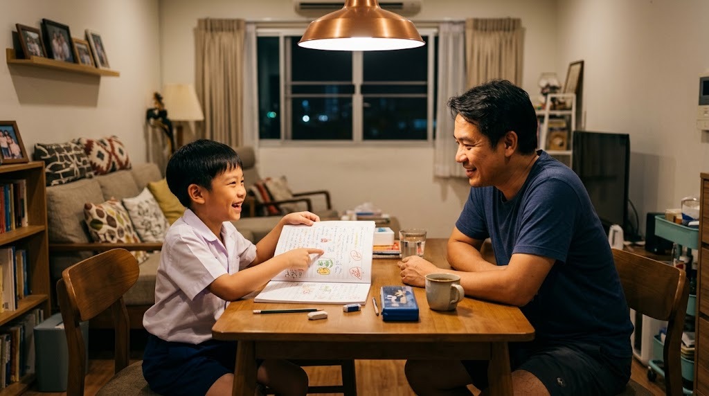พ่อชาวไทยและลูกชายนั่งคุยกันที่บ้านตอนเย็นโดยลูกกำลังอธิบายสิ่งที่เขียนในสมุด