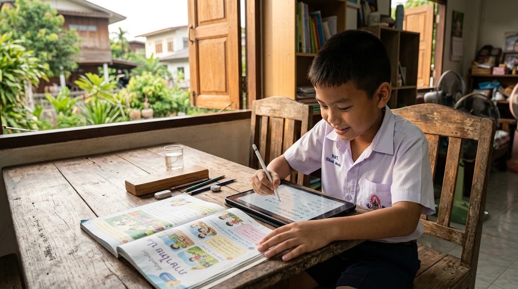 เด็กชายไทยวัยประมาณ 10 ขวบเขียนบนแท็บเล็ตด้วยปากกาสไตลัสข้างหนังสือเรียนที่เปิดอยู่