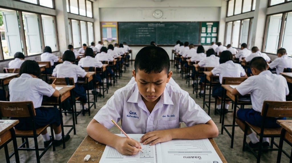 นักเรียนชายชาวไทยอายุประมาณ 13 ปีนั่งทำข้อสอบด้วยดินสอบนกระดาษคำตอบในห้องสอบ