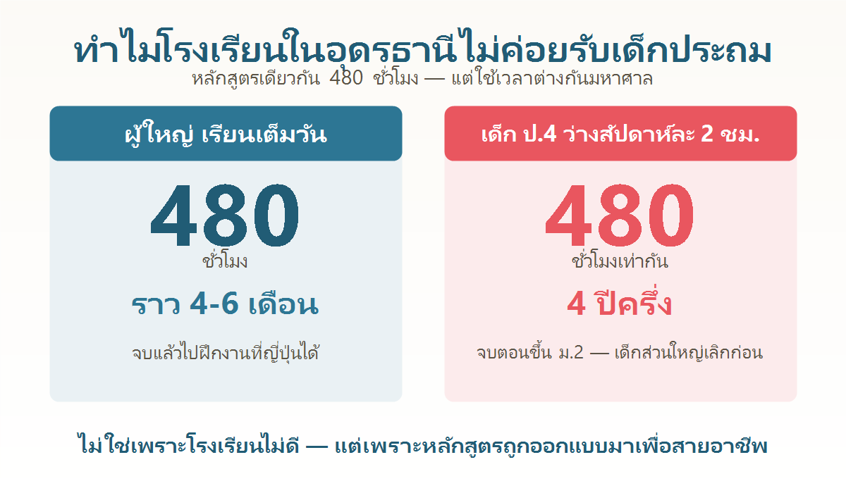 แผนภาพอธิบายว่าหลักสูตร 480 ชั่วโมงของโรงเรียนภาษาญี่ปุ่นสายวิชาชีพใช้เวลา 4 ปีครึ่งสำหรับเด็กที่เรียนสัปดาห์ละ 2 ชั่วโมง