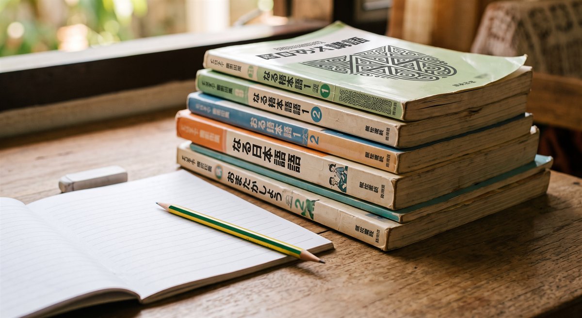 หนังสือเรียนภาษาญี่ปุ่นหลายเล่มวางเรียงบนโต๊ะพร้อมสมุดและดินสอของเด็ก