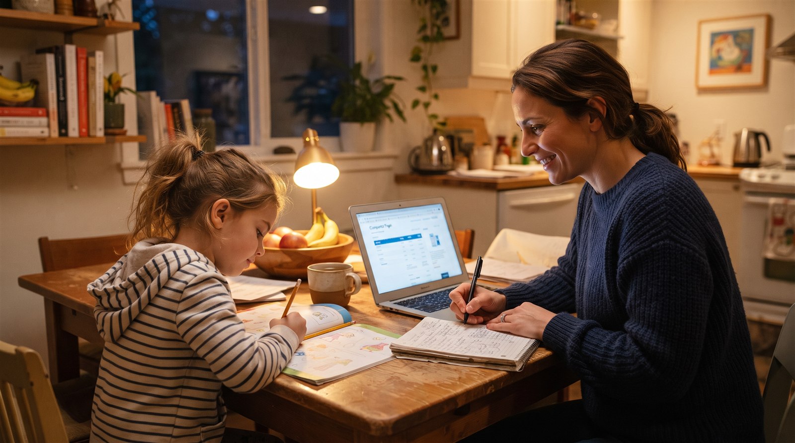 A mother compares Japanese lesson prices on a laptop at the kitchen table while her daughter does homework