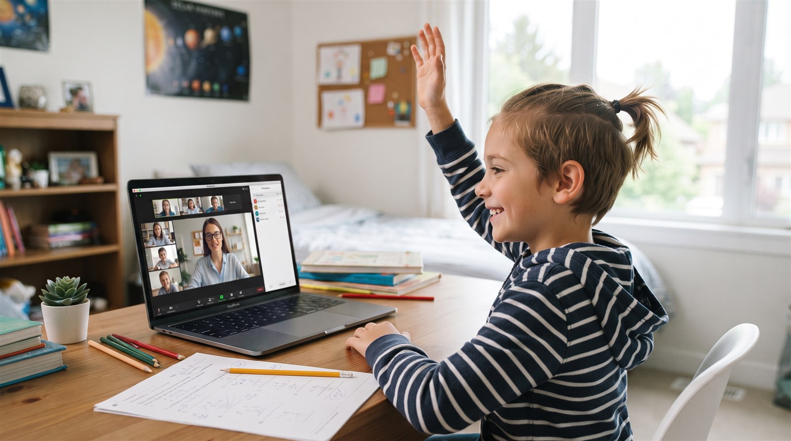 A boy raises his hand during a small online Japanese class at his bedroom desk
