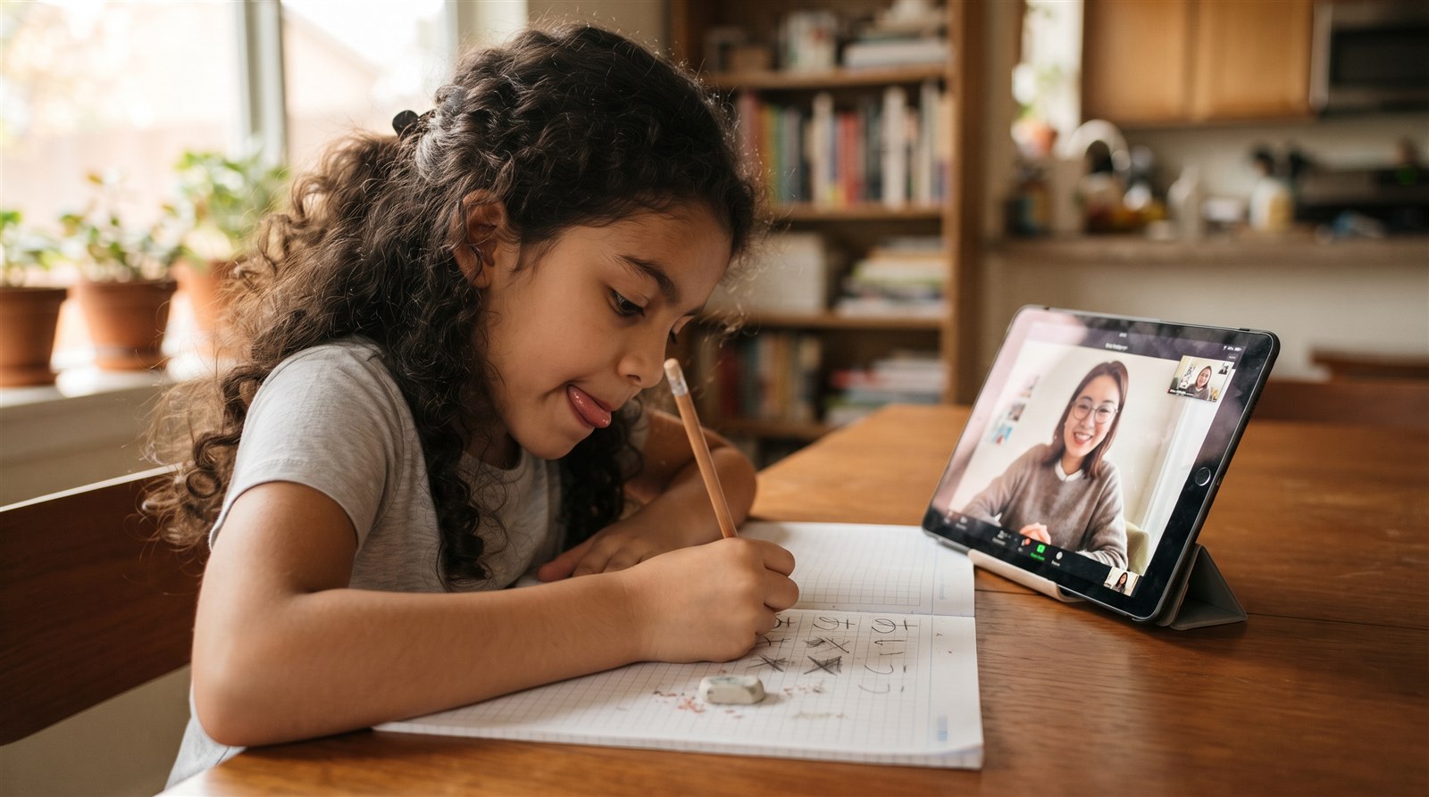 A girl carefully writes her first hiragana characters in a practice notebook beside a tablet