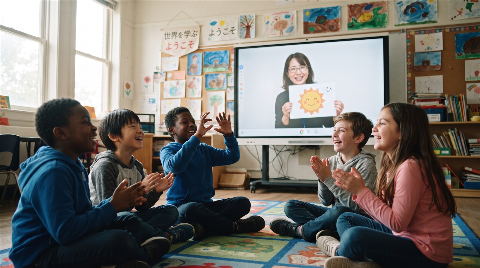 A small group of children laugh together during a live Japanese lesson with a teacher on screen