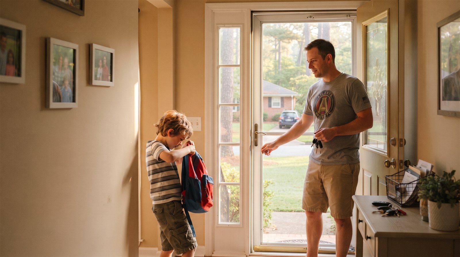 A father and son leave a suburban Georgia house on a Saturday morning for class