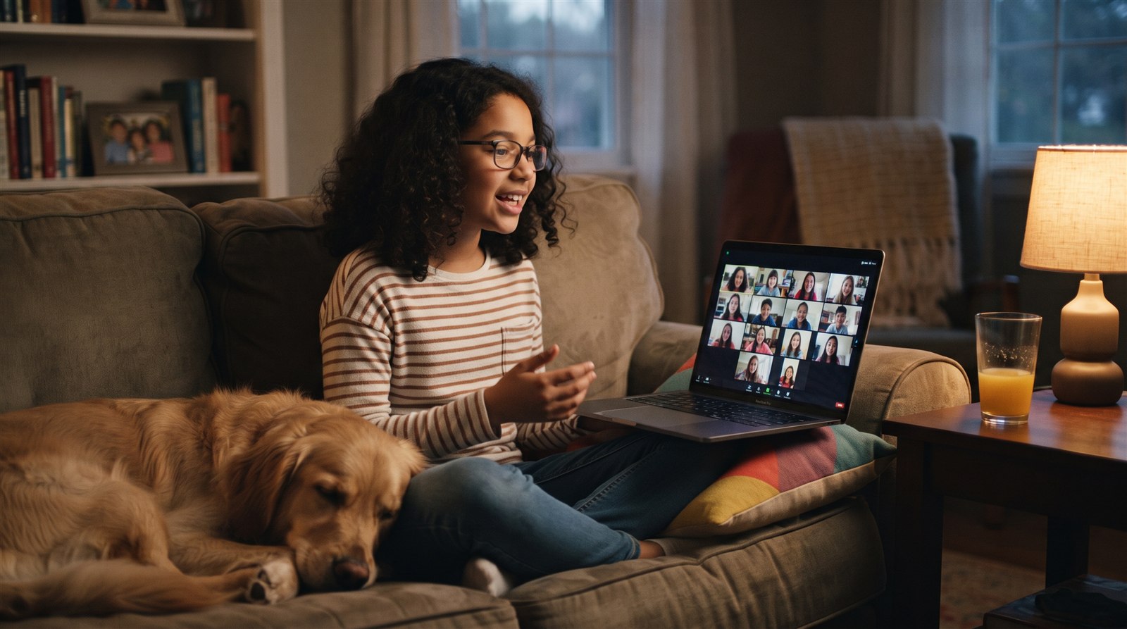 A girl in an Atlanta living room speaks Japanese to a group of classmates on her laptop