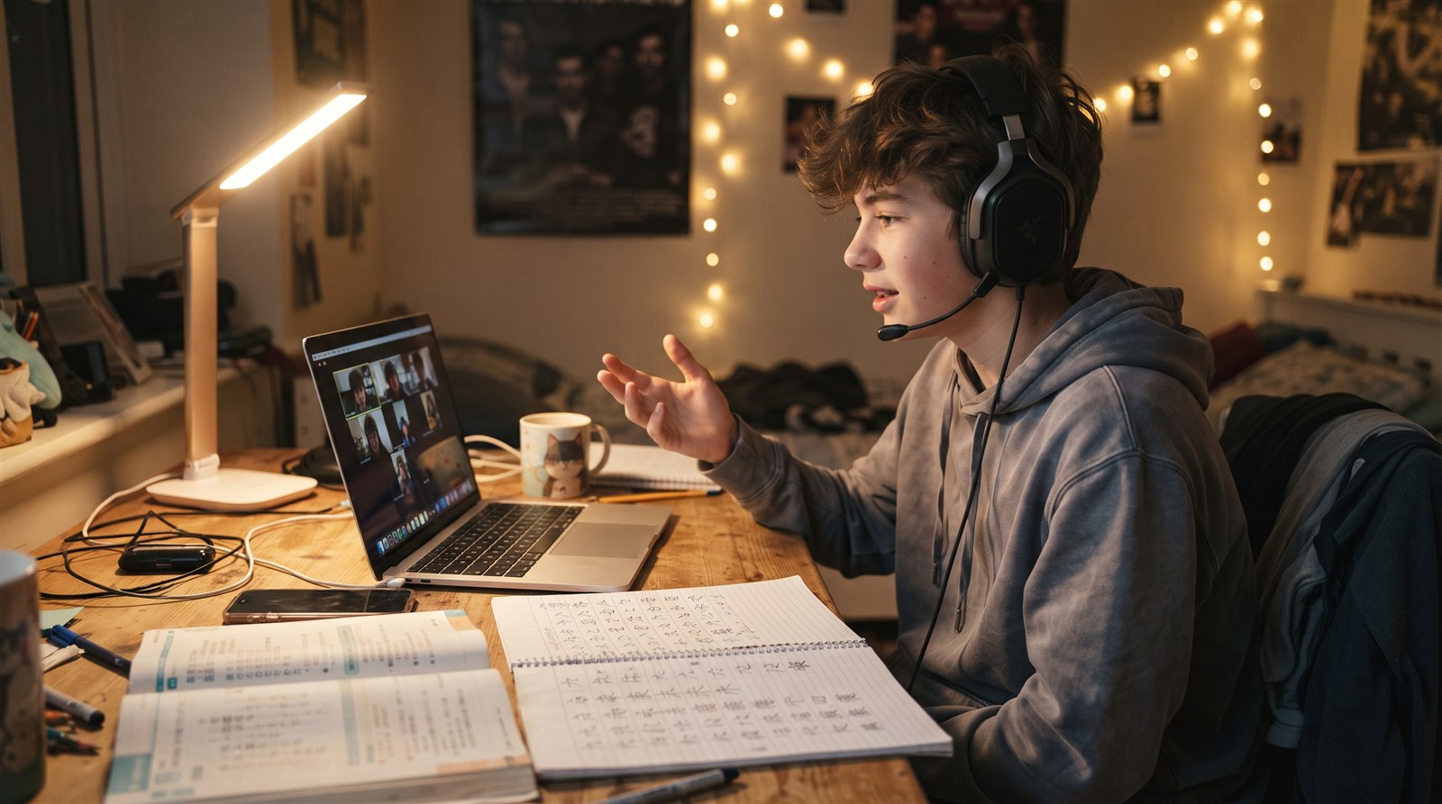 A teenage boy speaks Japanese in an evening online class from his bedroom desk