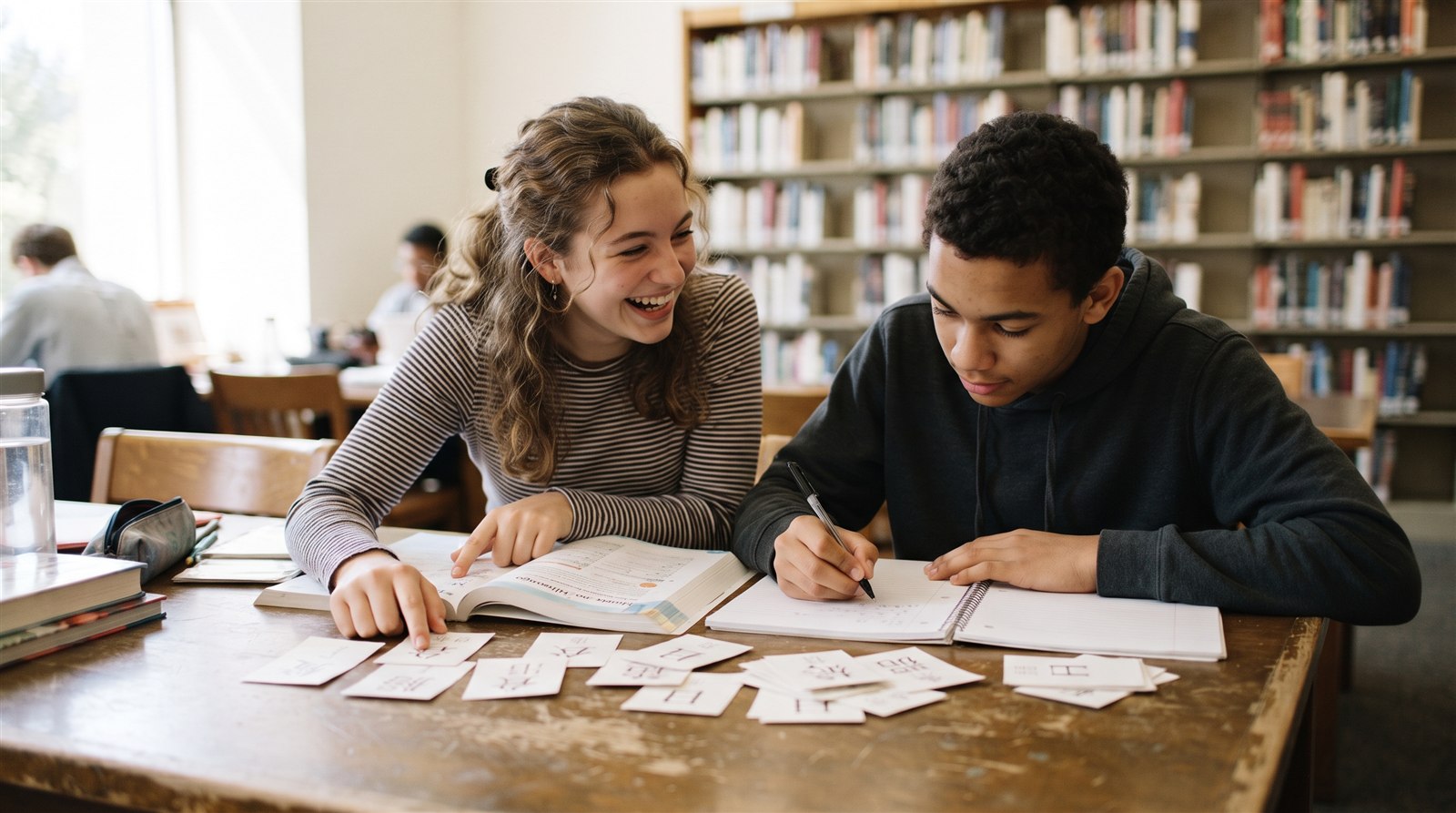 Two teenagers study Japanese together with textbooks and kanji flashcards at a library table
