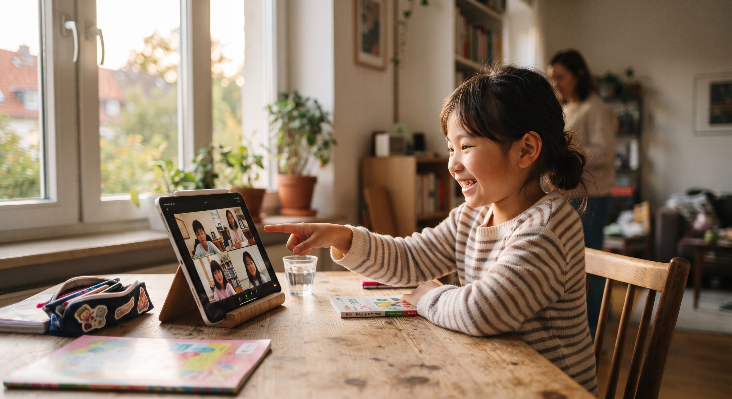フランクフルトの自宅でタブレットを使いオンラインの日本語グループレッスンを受ける小学生