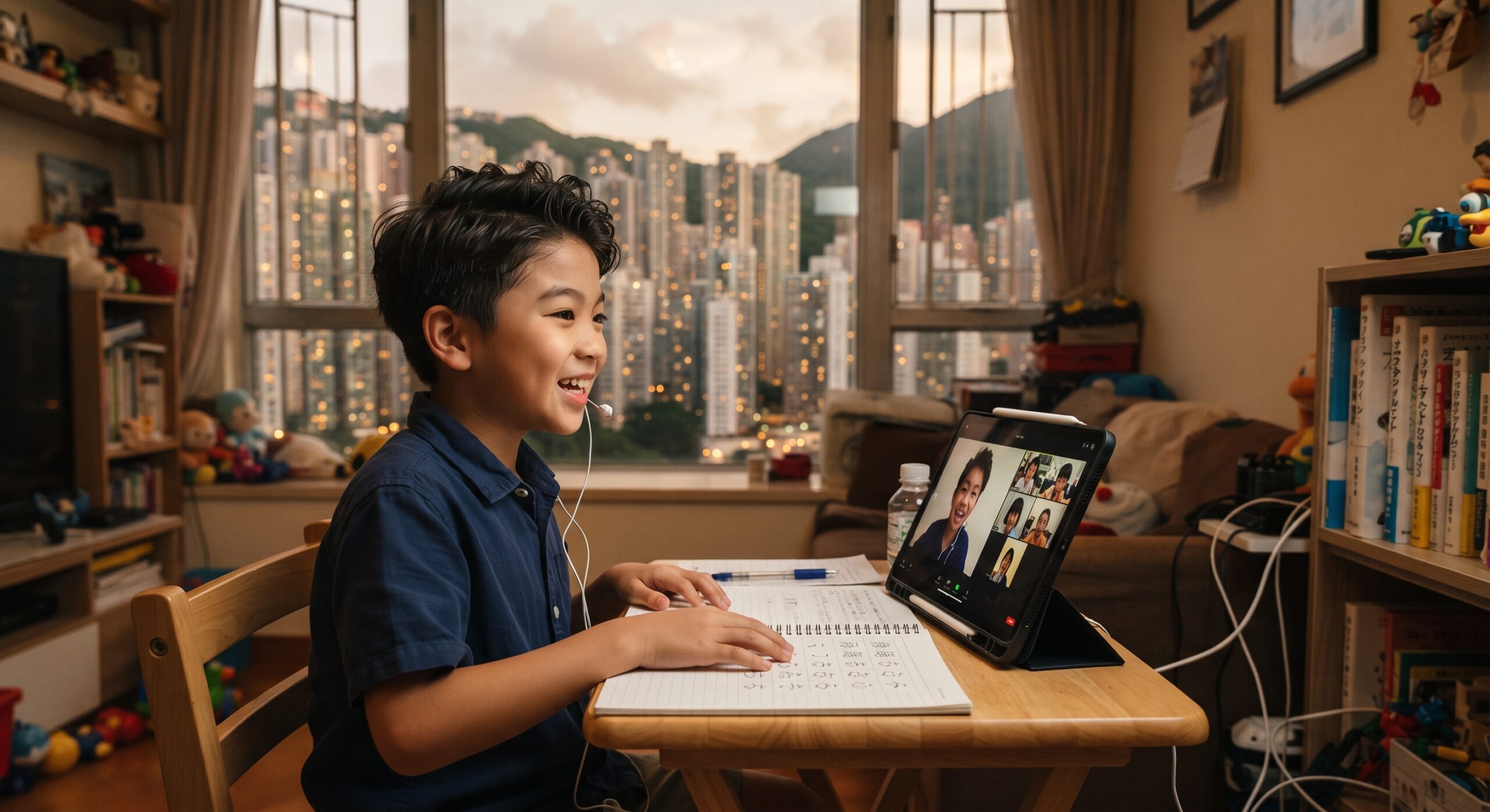 香港のマンションの自宅でタブレットを使いオンラインの日本語グループレッスンに参加する小学生