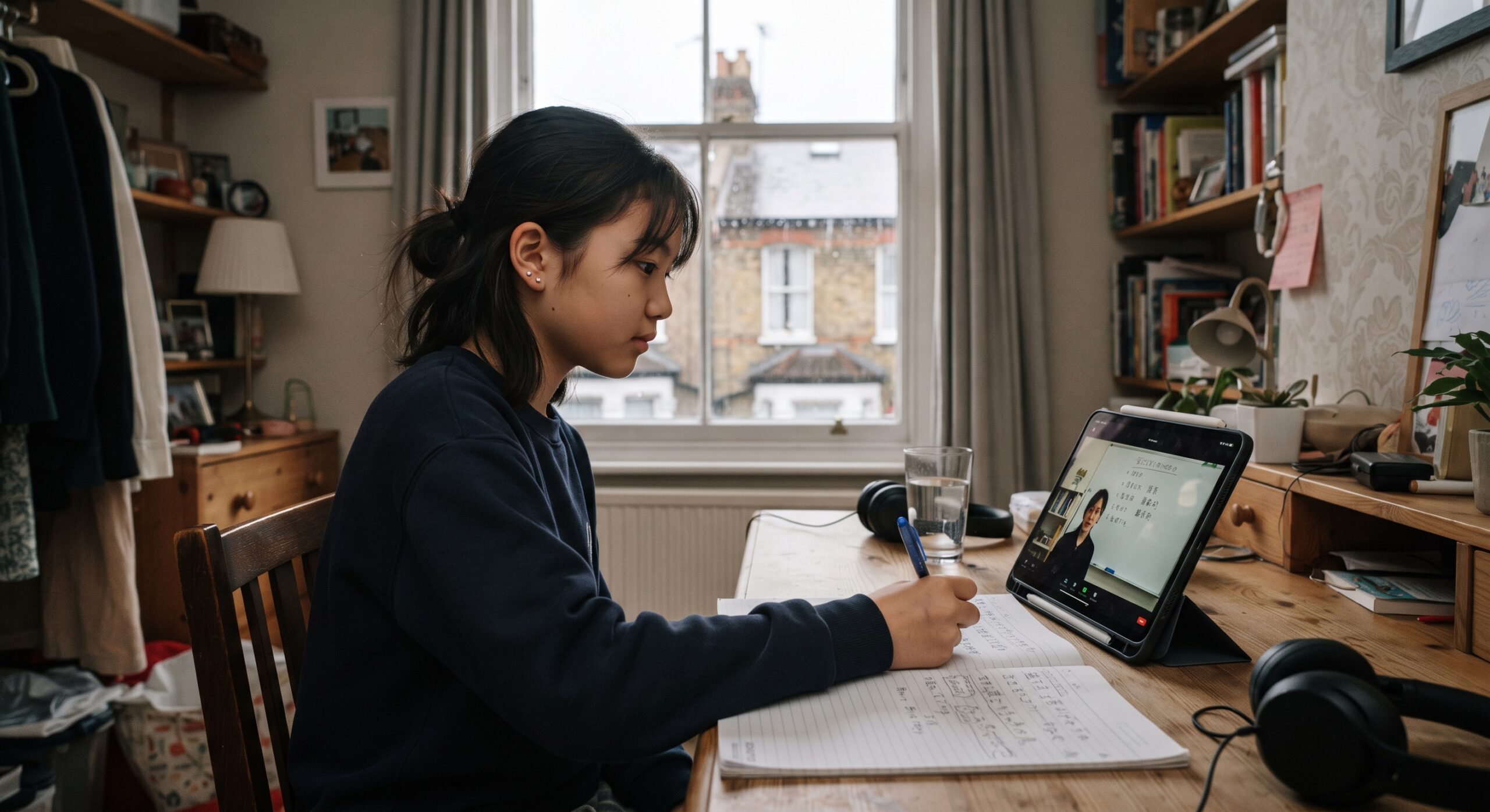 ロンドンの自宅の学習机でタブレットを使いオンラインの日本語授業を受ける中学生