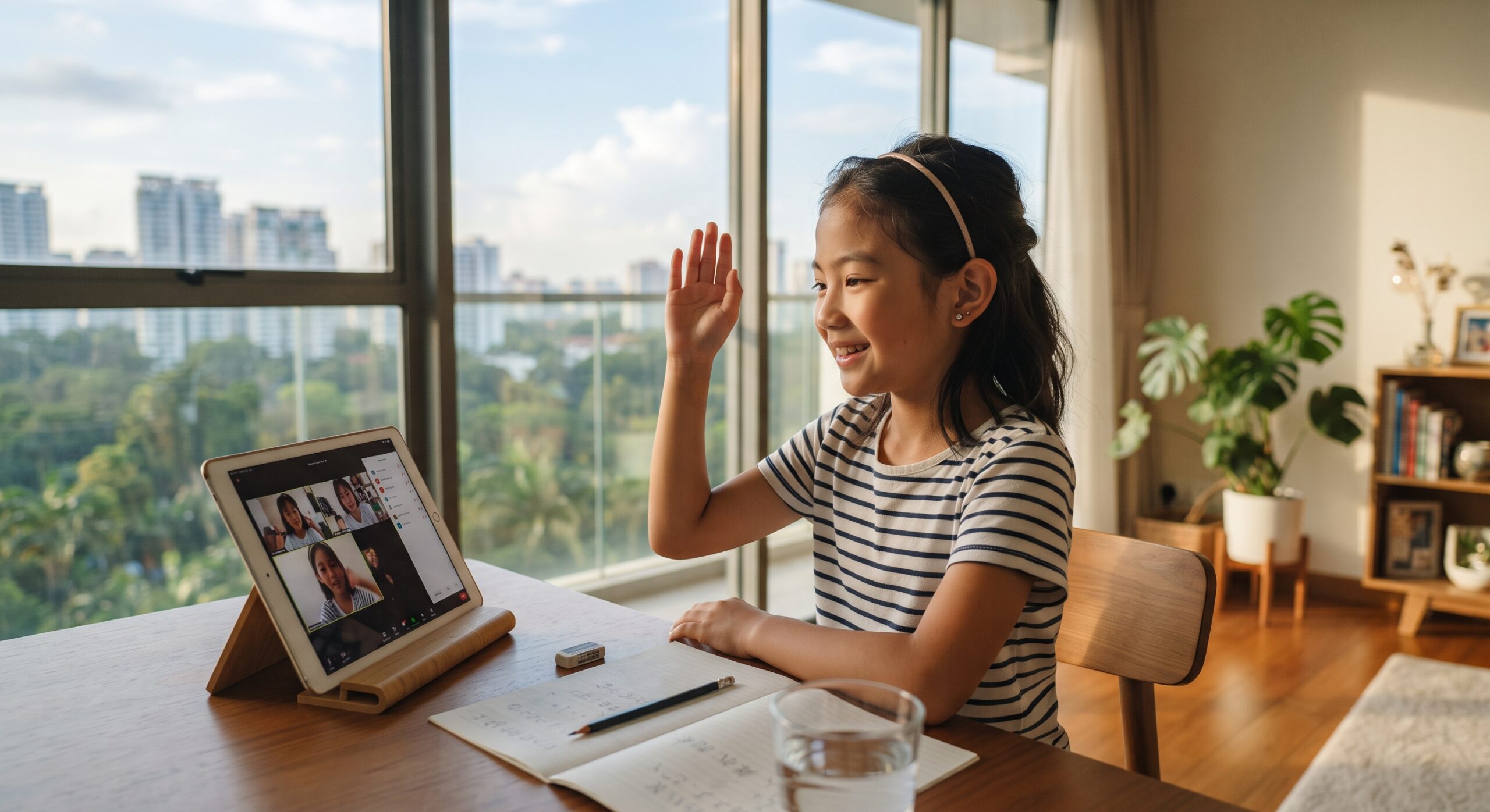 シンガポールのコンドミニアムの自宅でタブレットを使いオンラインの日本語グループレッスンを受ける小学生