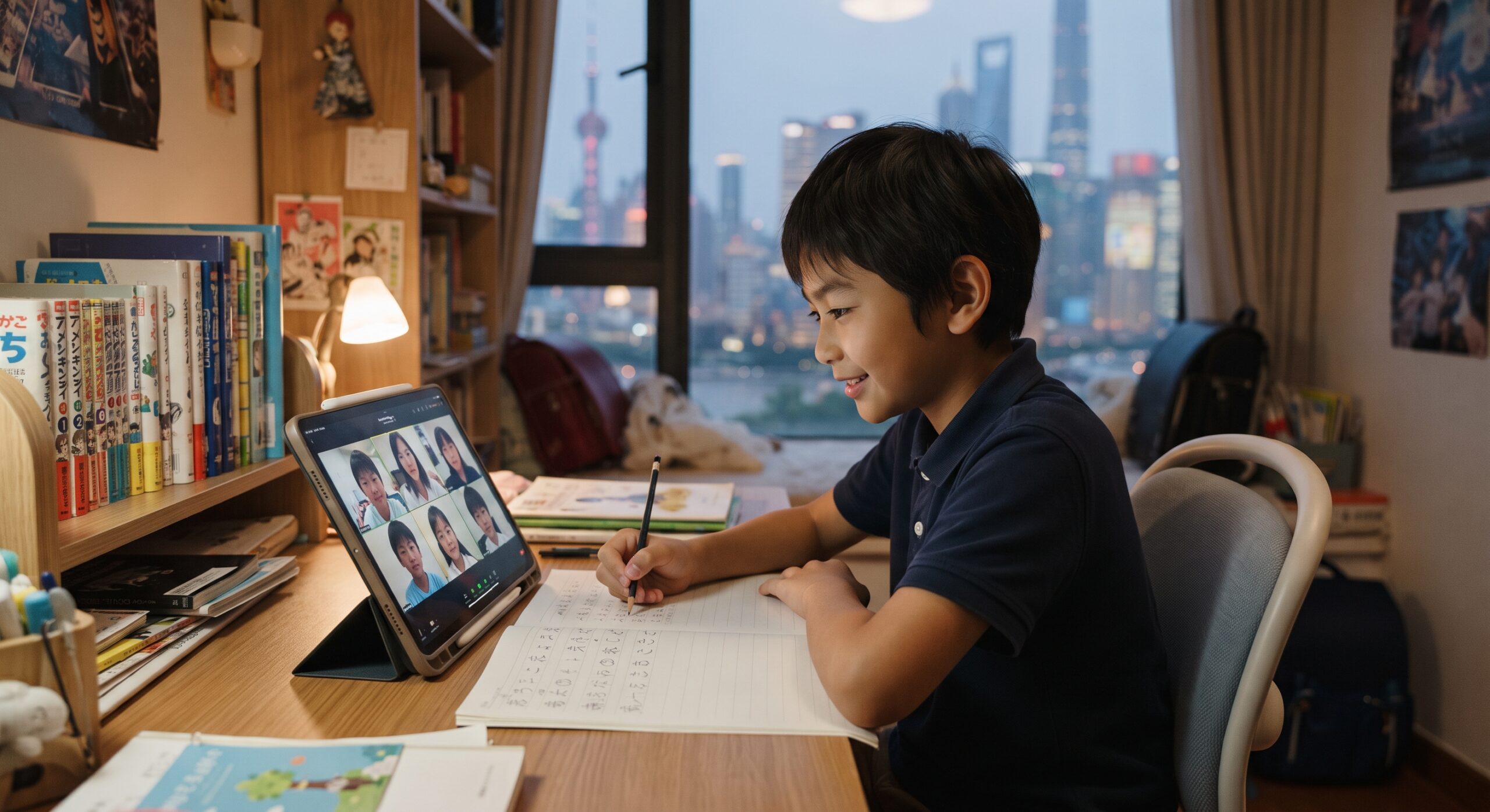 上海のマンションの自宅でタブレットを使いオンラインの日本語グループレッスンに参加する小学生