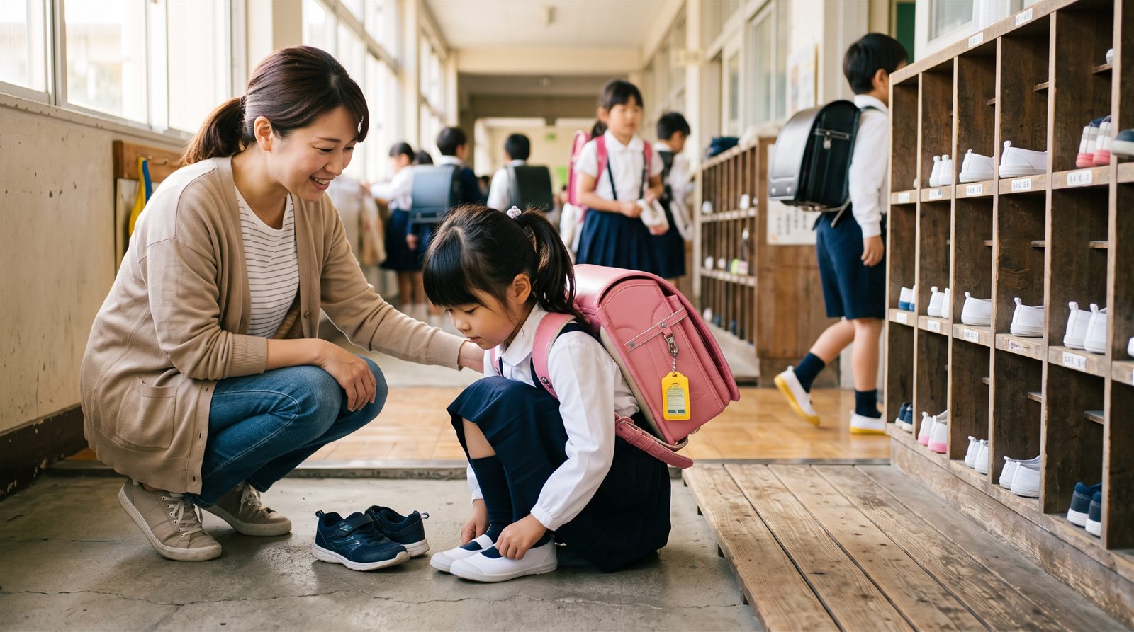 日本の公立小学校の昇降口で、ランドセルを背負った女の子が上履きに履き替え、母親がしゃがんで見守っている
