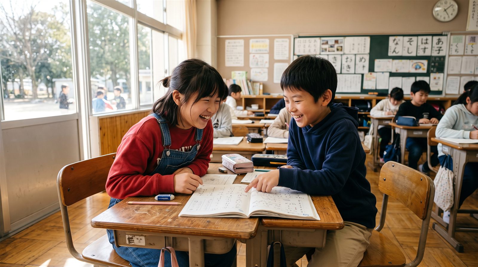 日本の小学校の教室で、女の子が隣の席の男の子とノートをのぞき込みながら笑っている