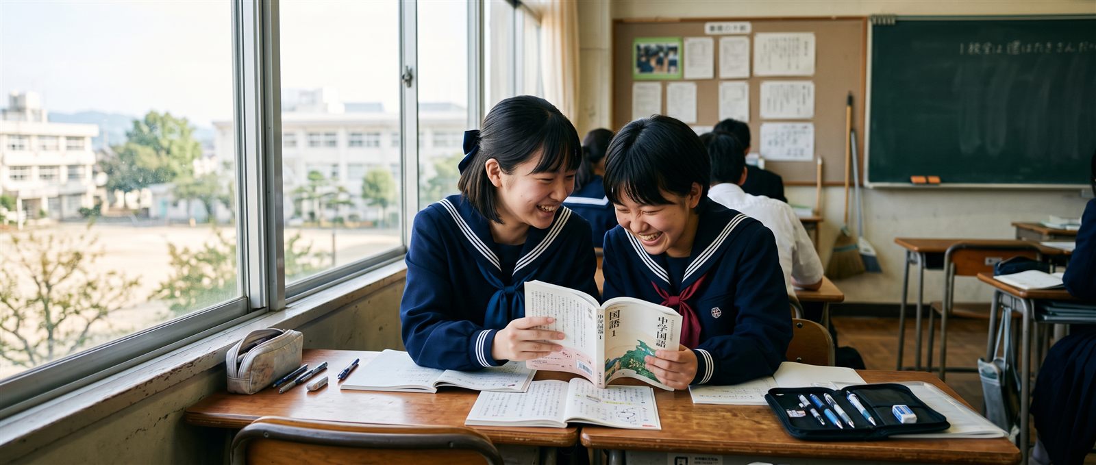 日本の中学校の教室の窓際で、紺のセーラー服の女子生徒二人が教科書を見ながら笑っている