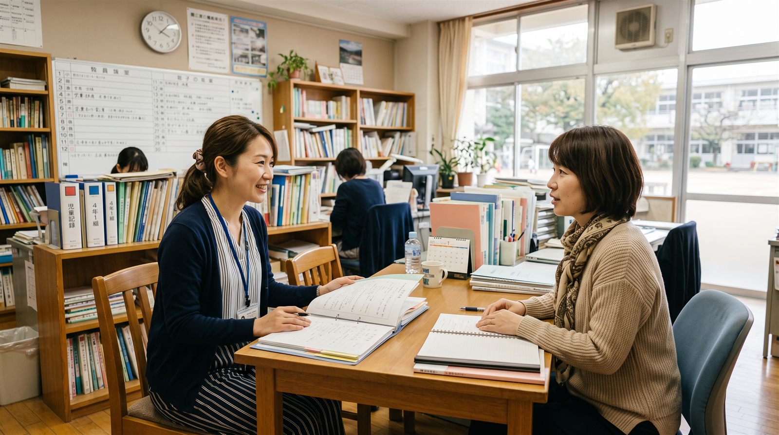 日本の小学校の職員室で、女性の担任教員と保護者が机をはさんで穏やかに相談している