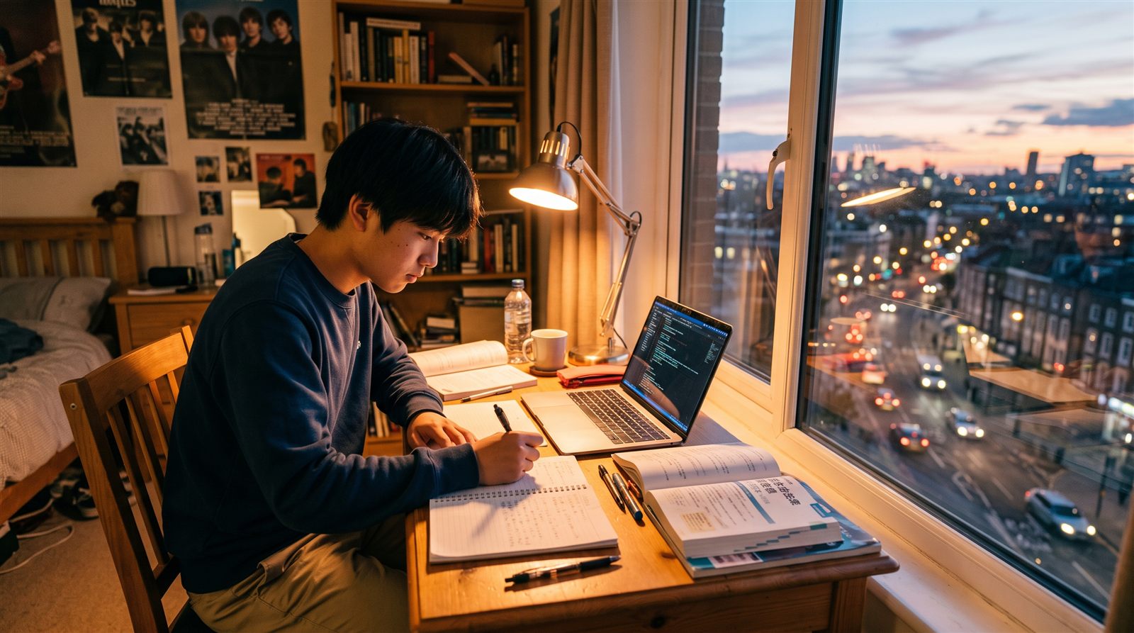 海外の自宅の自室で、高校生がノートパソコンを見ながらノートに書き込んで勉強している