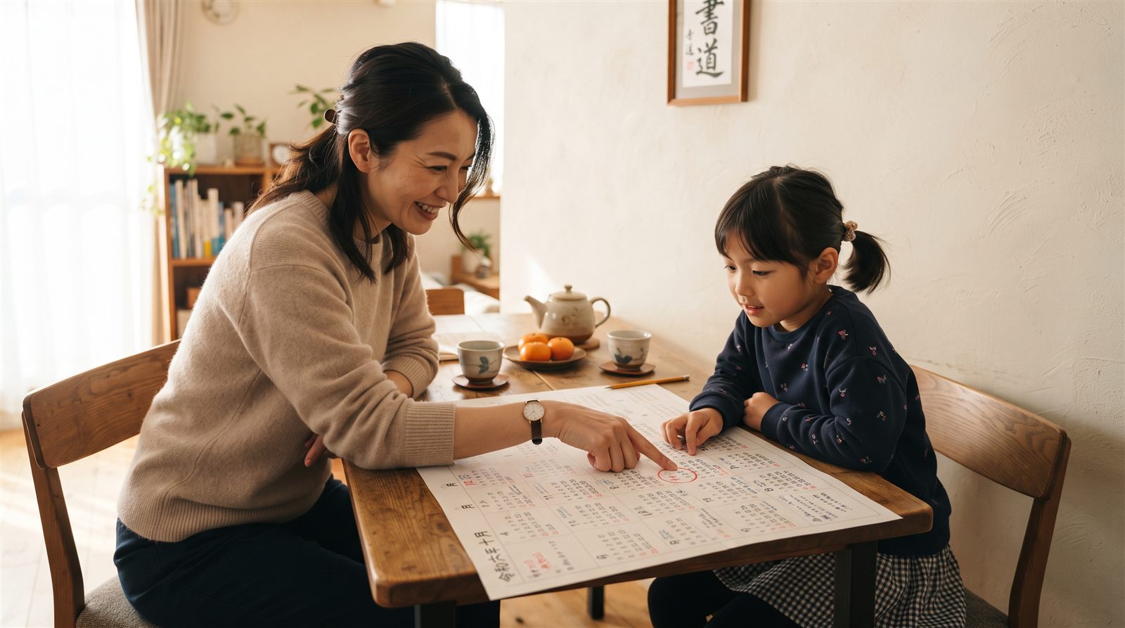 日本の家のダイニングテーブルで、母親と小学生くらいの娘が大きな紙のカレンダーを広げ、母親が赤く丸をつけた日付を指さしている
