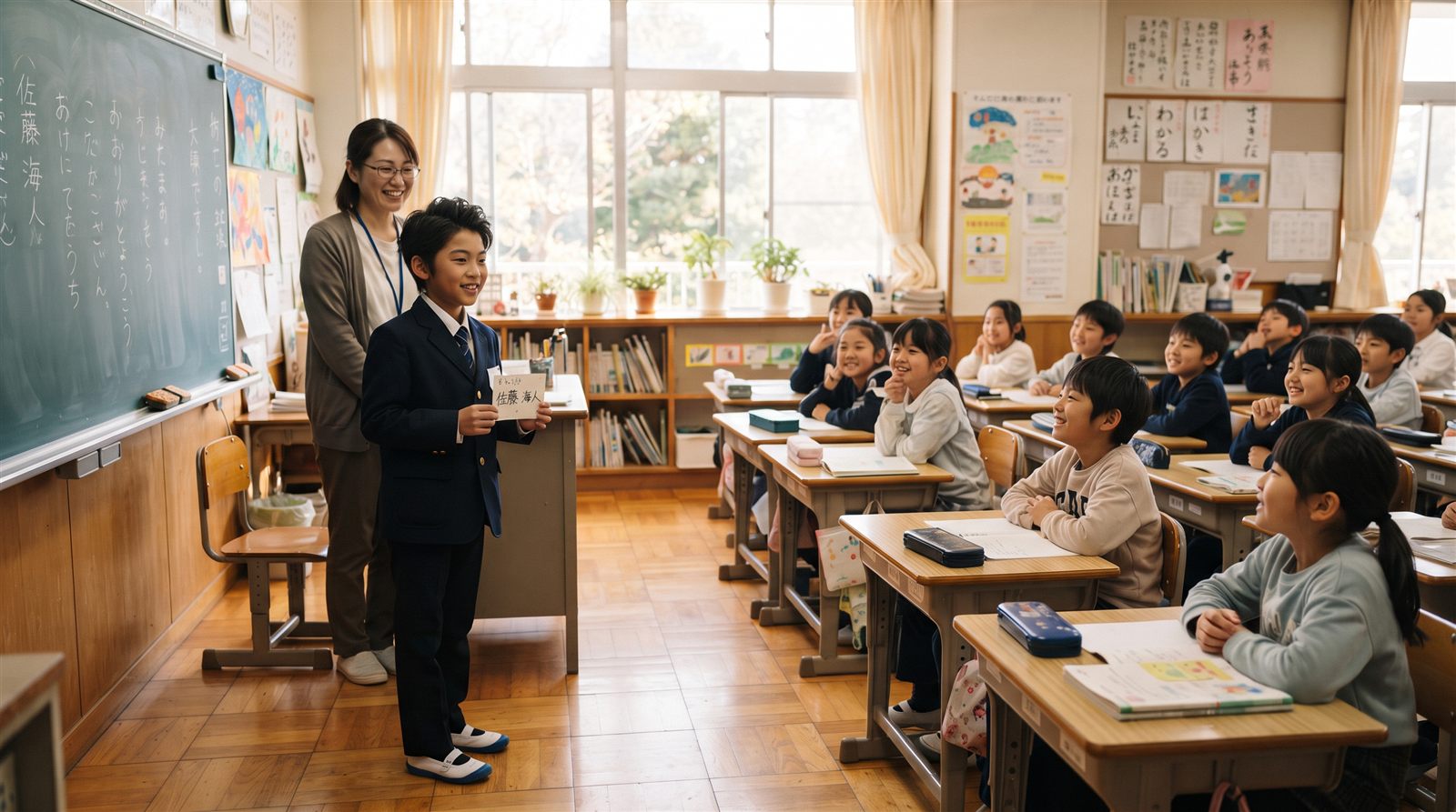 日本の公立小学校の教室で、黒板の前に立った男の子が着席したクラスメイトに自己紹介をしていて、隣に女性の担任が立っている