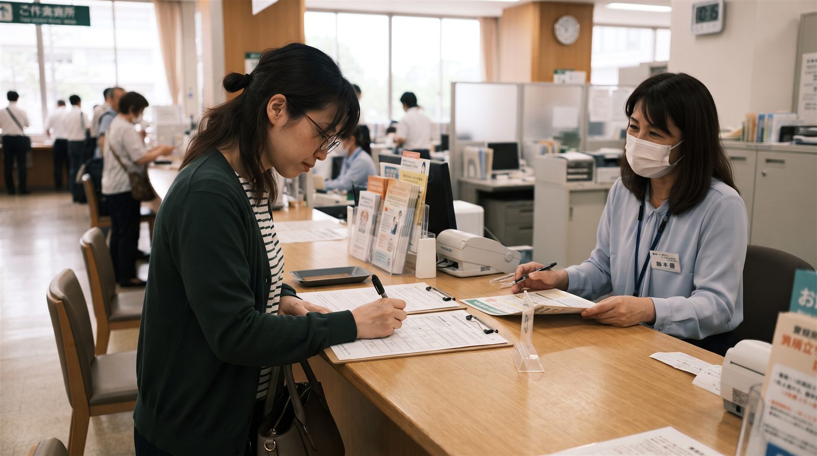 日本の市役所の窓口カウンターで、30代くらいの女性が用紙に記入し、向かい側の職員が説明している