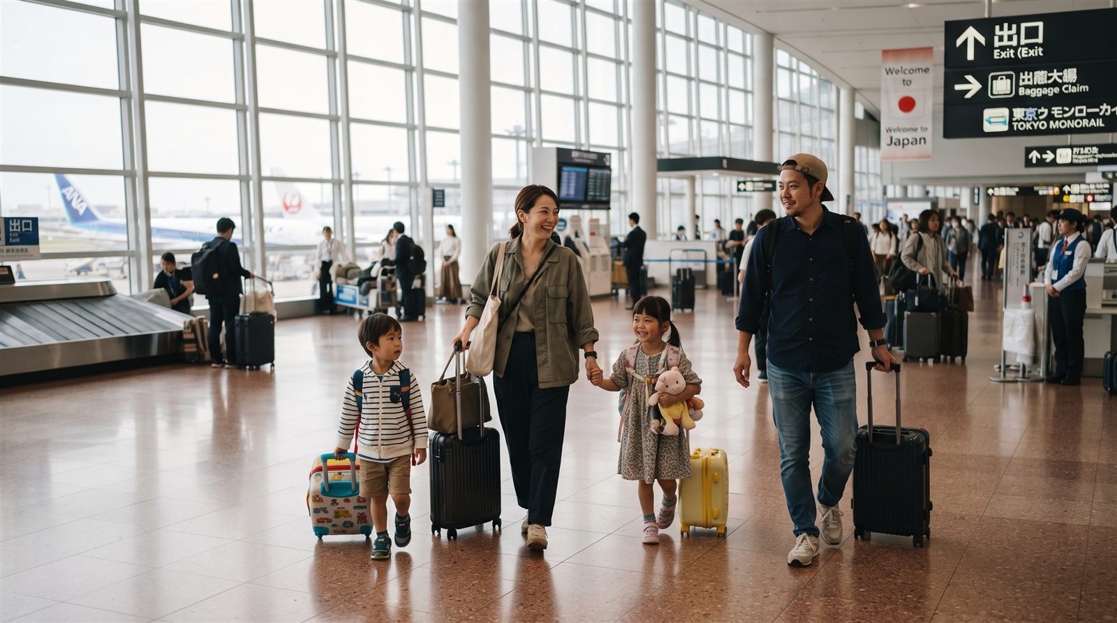 日本の空港の到着ロビーで、両親と小さな子ども2人の家族がスーツケースを引いて歩き、母親が娘の手を引いている